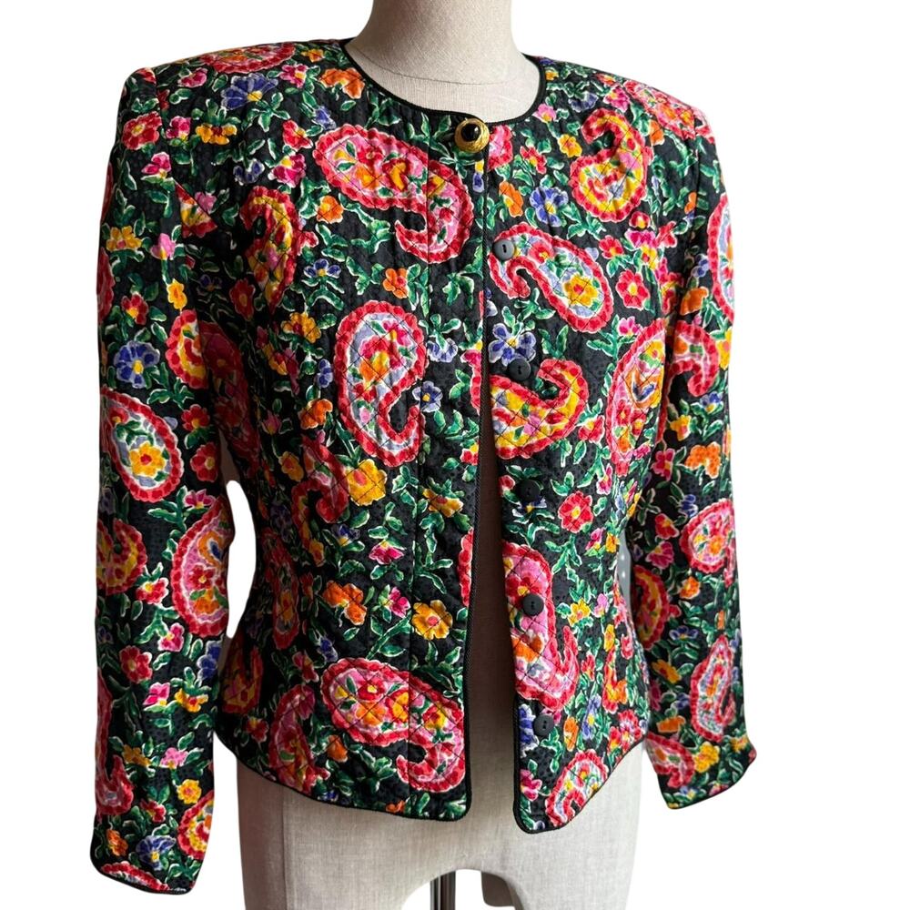 Maggie London Vintage Silk Quilted Paisley Floral Cropped Jacket Size 6